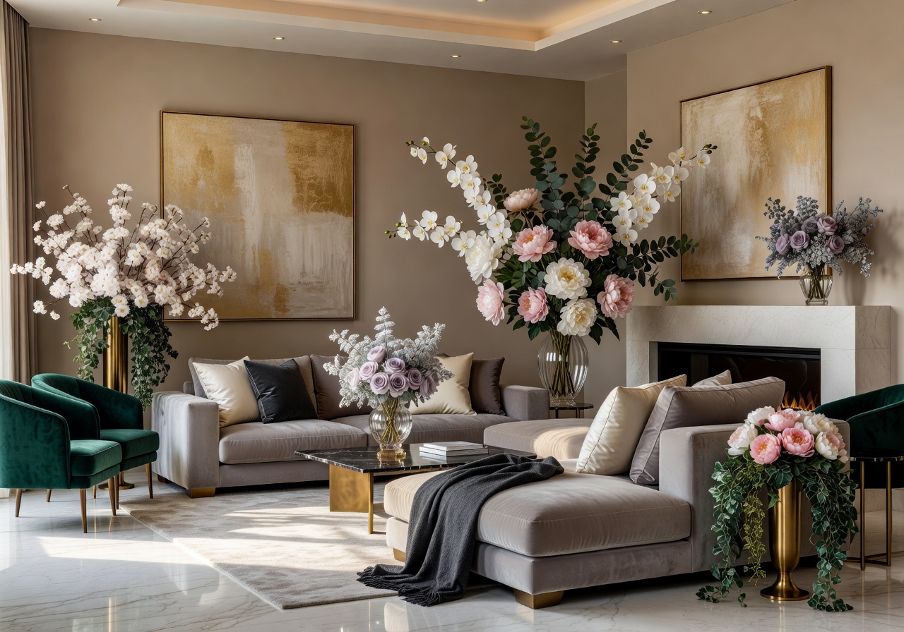 Beautifully decorated luxury living room with premium artificial flower arrangements