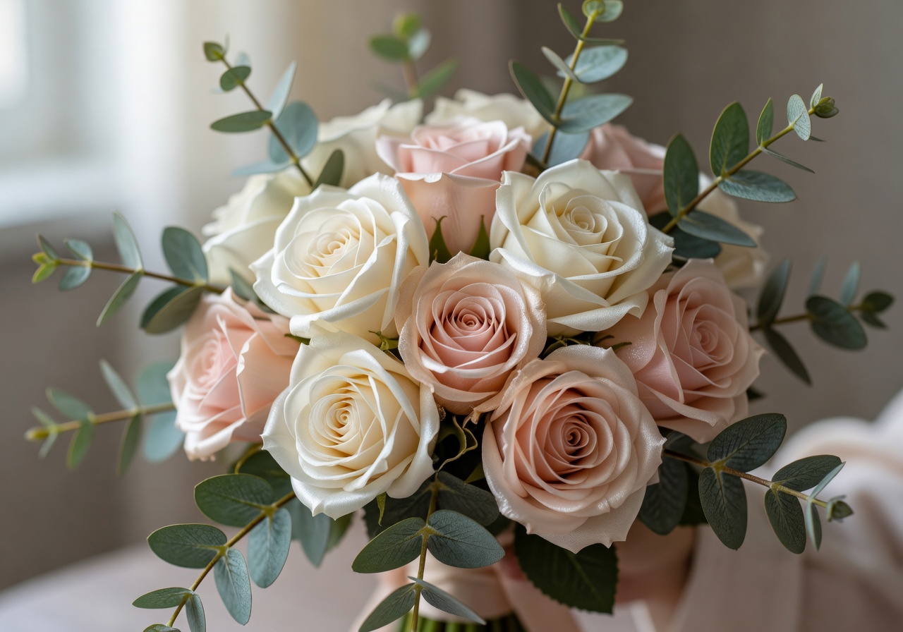 Bridal bouquet detail with premium silk roses and eucalyptus