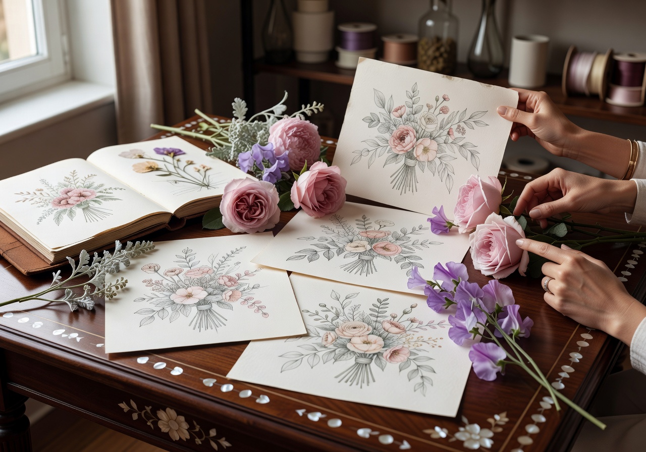 Custom floral design consultation with sketches and flower samples on elegant table