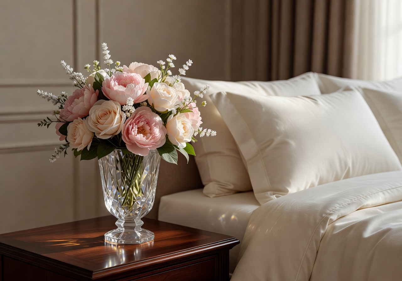 Elegant bedroom with bedside artificial floral arrangement in crystal vase