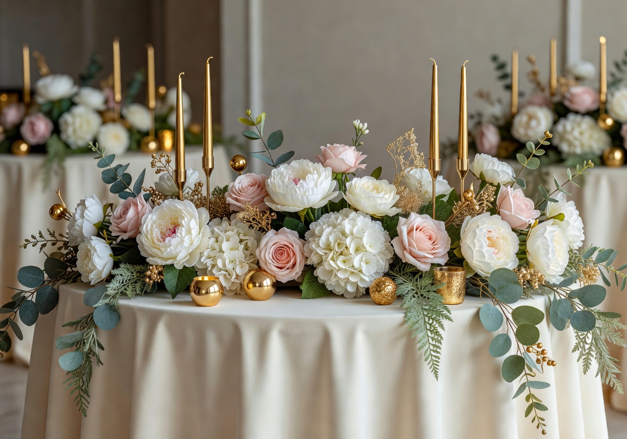 Elegant birthday celebration setup with artificial floral decorations and gold accents