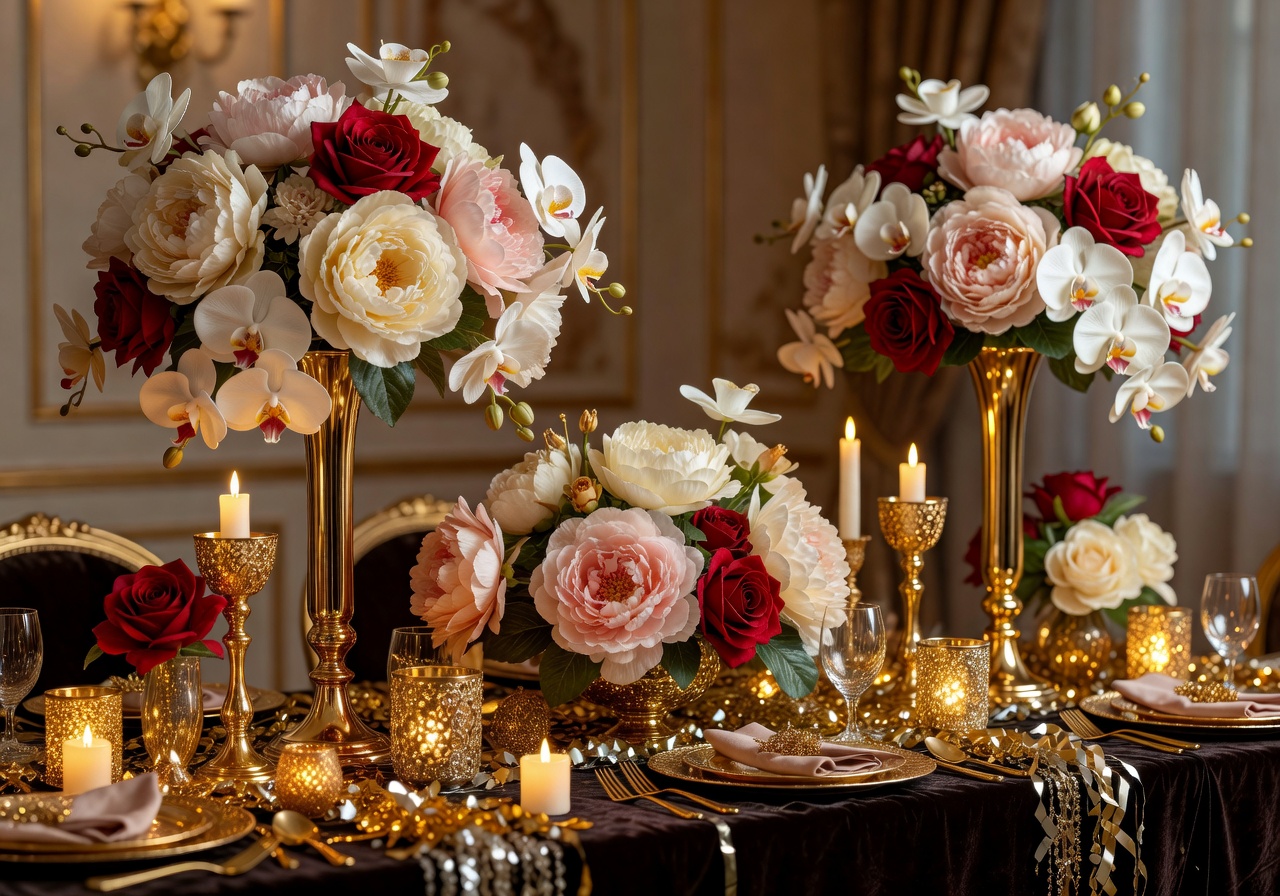 Elegant birthday celebration with luxury artificial floral decorations and golden accents