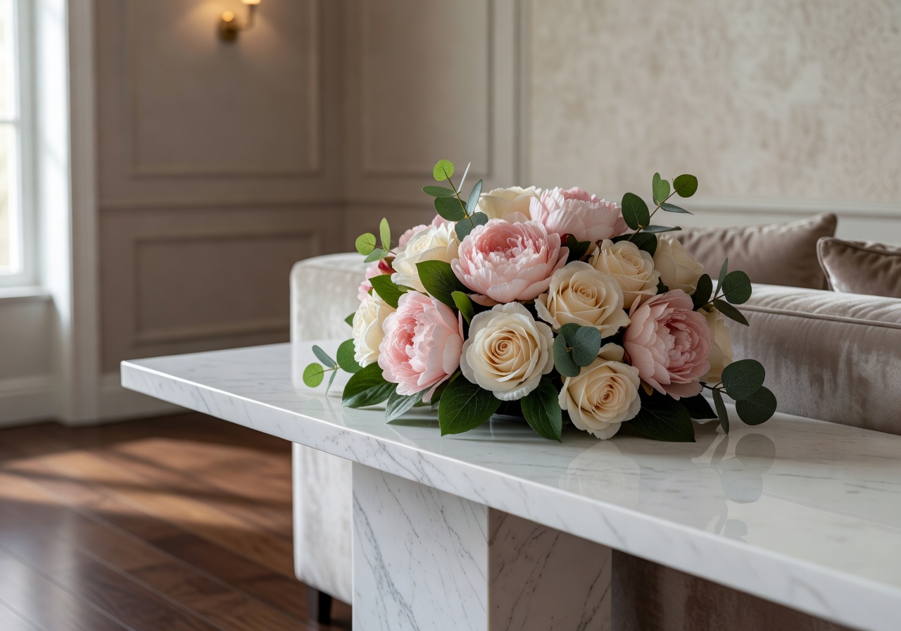 Elegant home interior with premium artificial flower arrangement on marble console