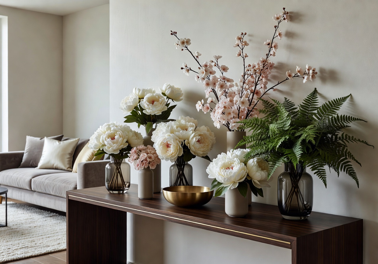 Elegant living room interior styled with premium artificial flower arrangements on console table
