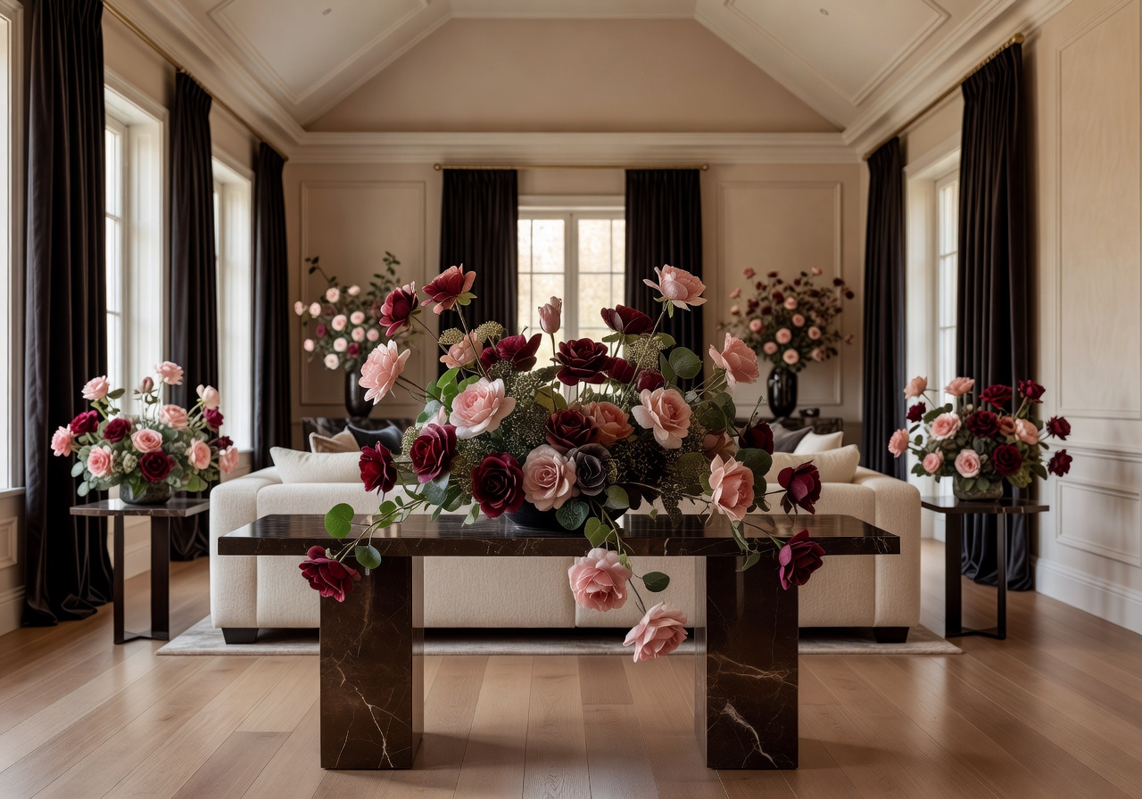 Elegant luxury home interior with sophisticated artificial floral styling