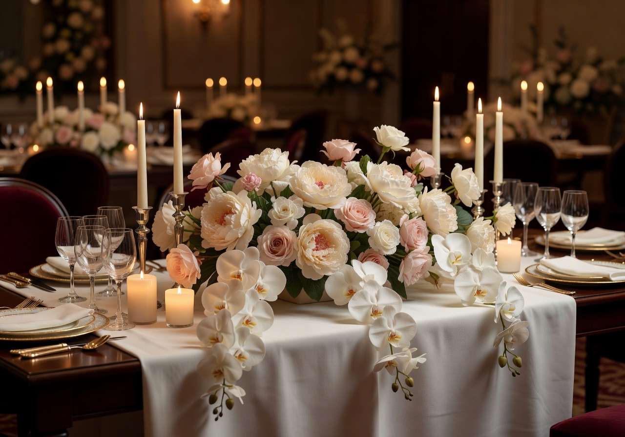 Romantic wedding reception with luxury artificial flower table decorations and candles