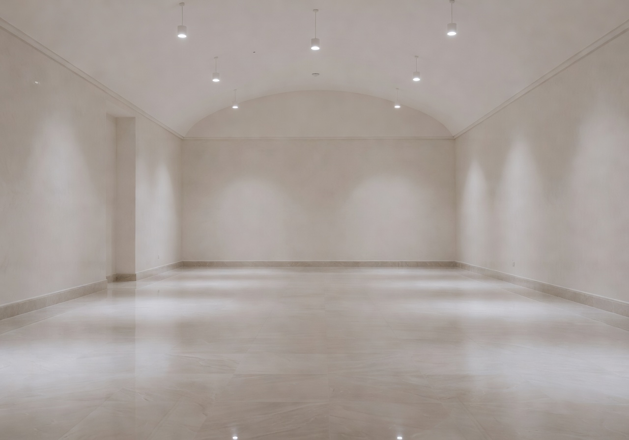Empty elegant event venue before floral decoration with bare walls and basic lighting