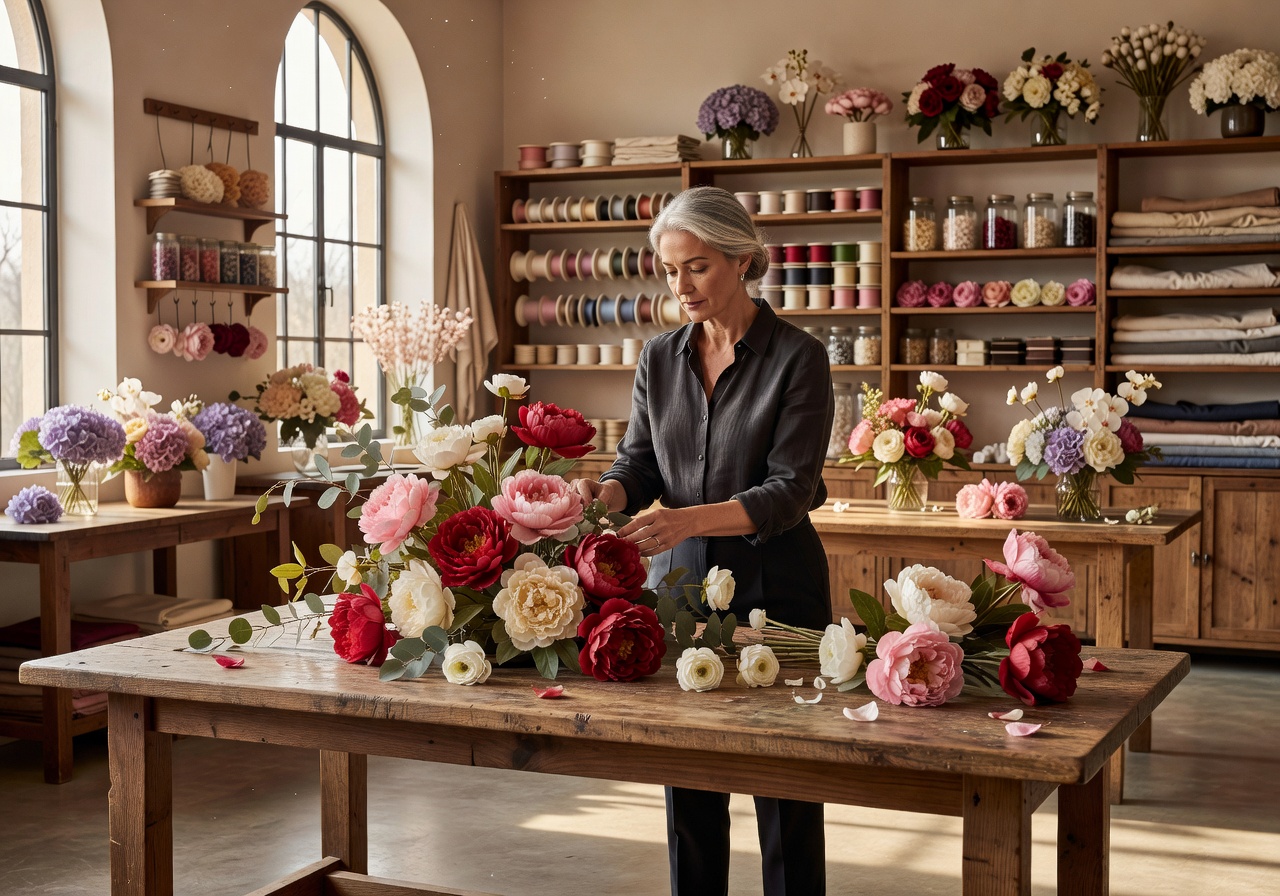 Founder arranging luxury artificial flowers in the Primofunsanctum atelier with natural light