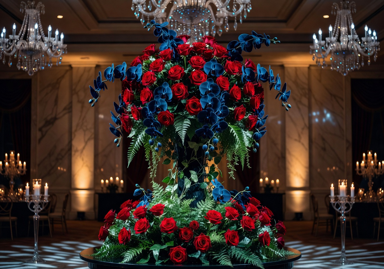 Grand event decoration with dramatic floral centerpiece and ambient lighting
