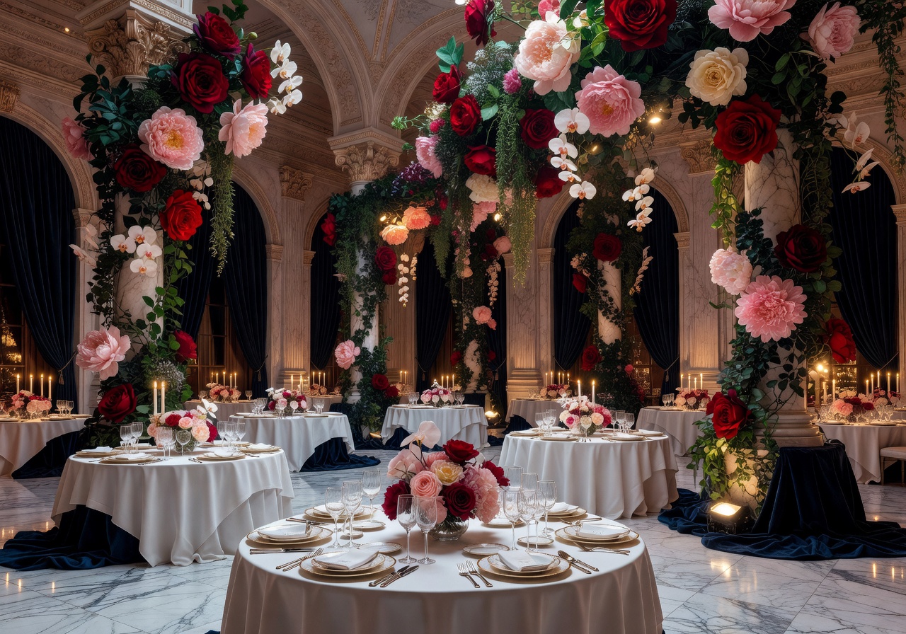 Grand event hall decorated with dramatic artificial floral installations and elegant table settings