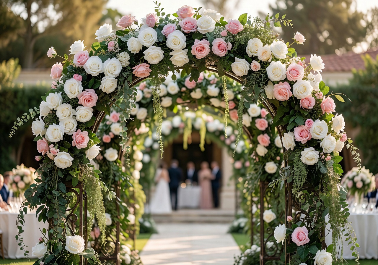 Grand wedding ceremony floral arch with white and blush artificial roses and trailing greenery
