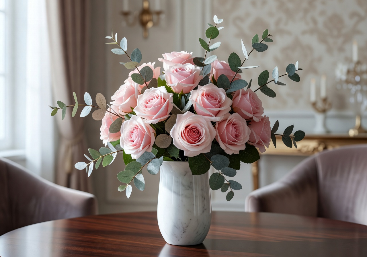 Luxury artificial floral arrangement with soft pink roses and eucalyptus in elegant setting