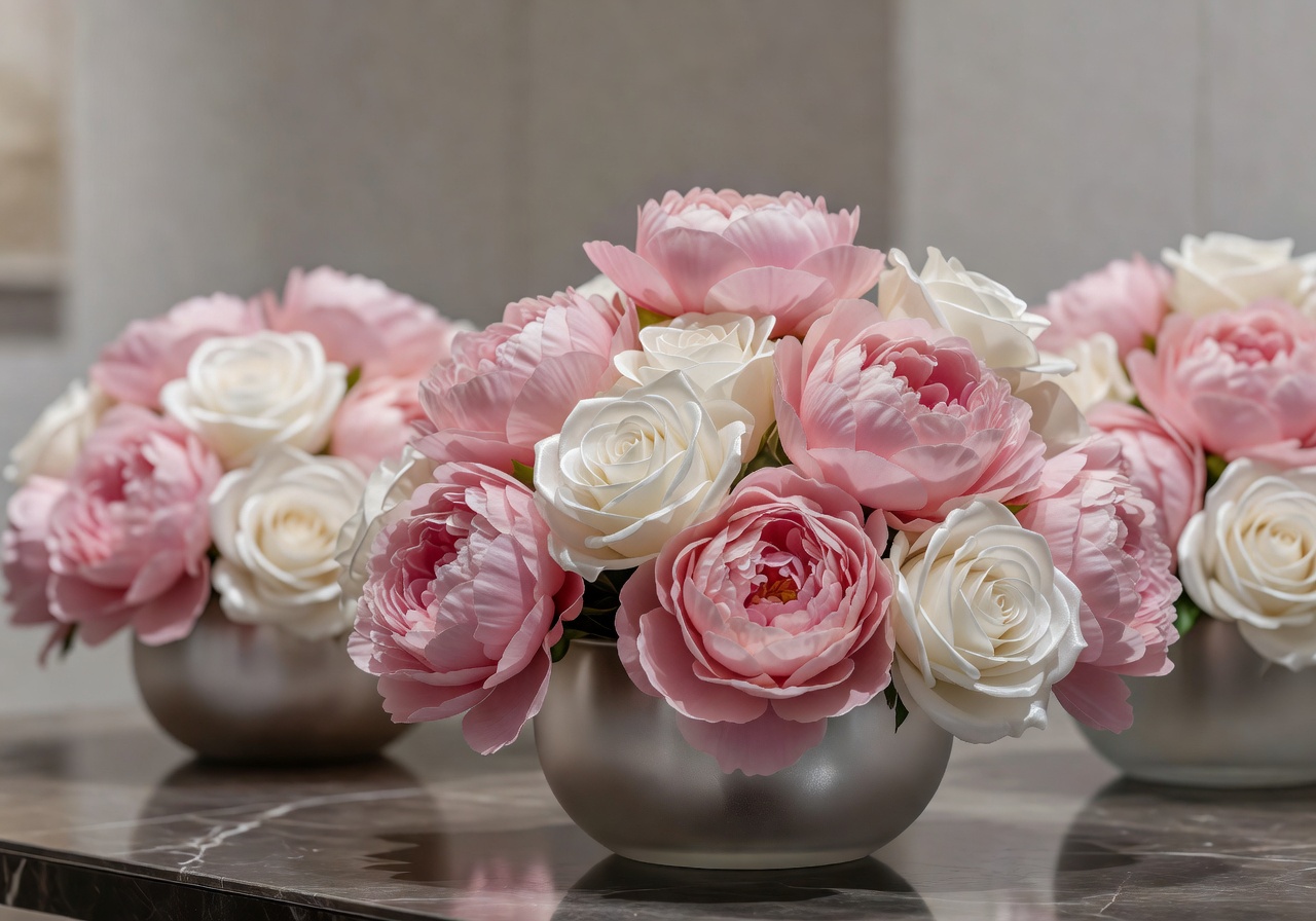 Luxury artificial floral collection display with pink peonies and white roses in soft lighting
