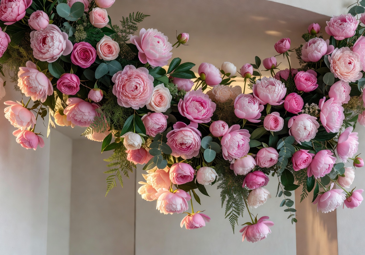 Luxury floral installation with pink peonies and roses for Instagram gallery