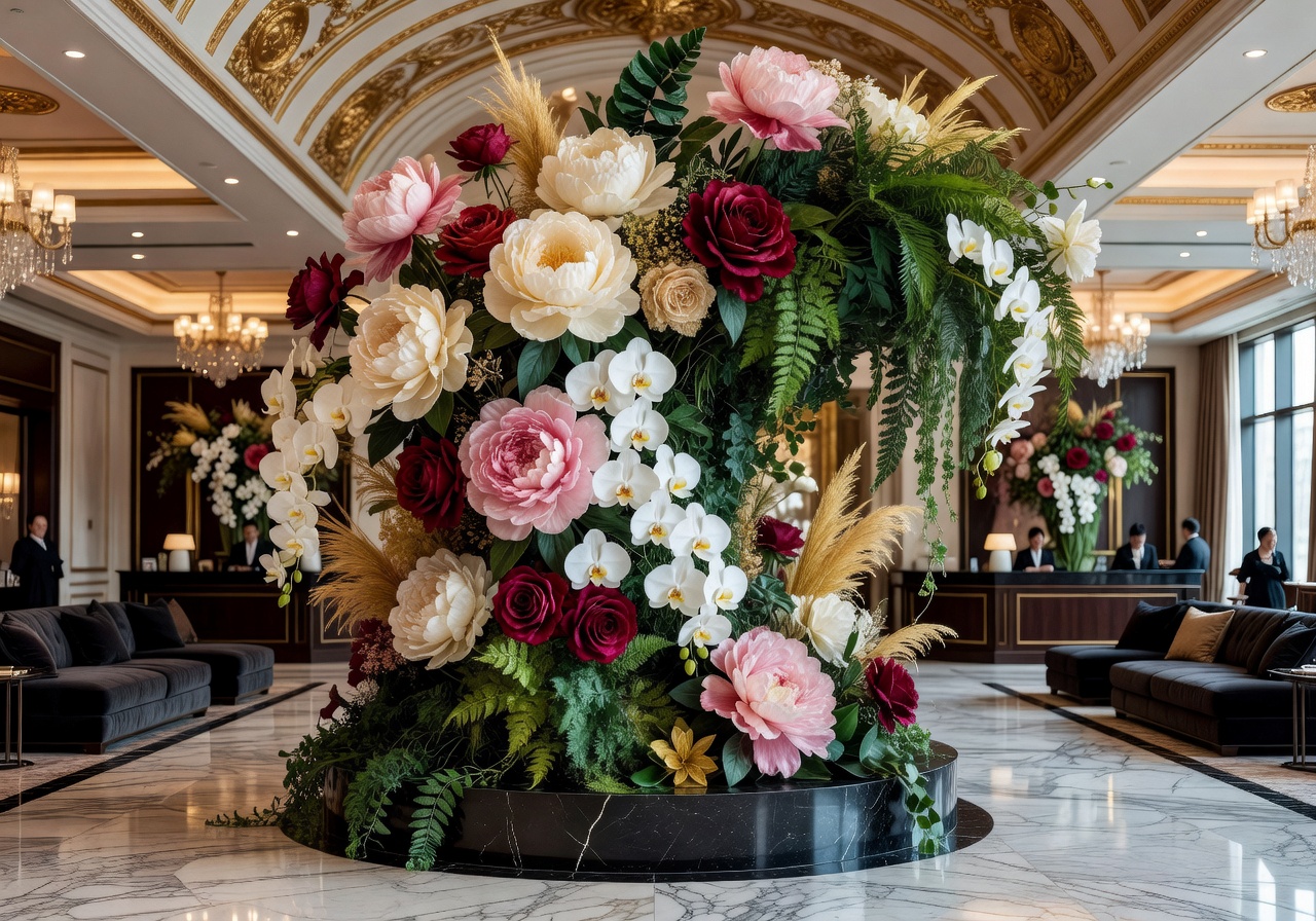 Luxury large-scale artificial floral installation in upscale hotel lobby