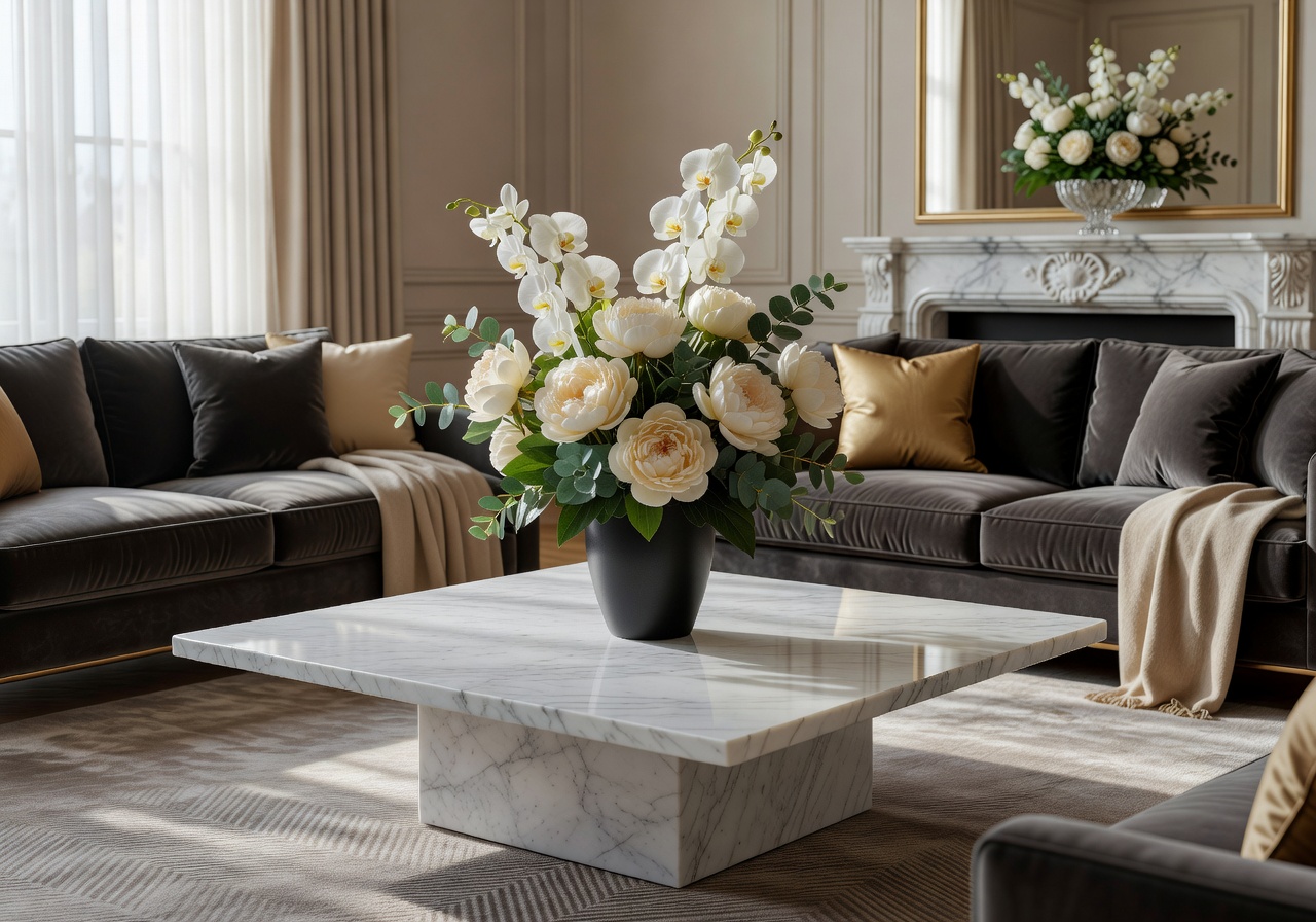 Luxury living room interior with premium artificial flower arrangements on marble coffee table