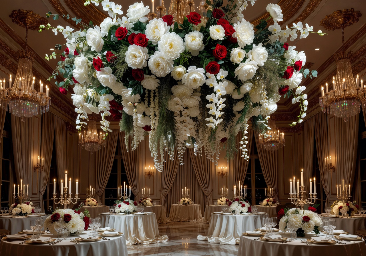 Luxury wedding ballroom with dramatic floral ceiling installation