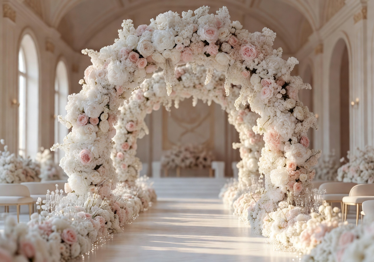 Luxury wedding floral arch with cascading white roses and soft greenery