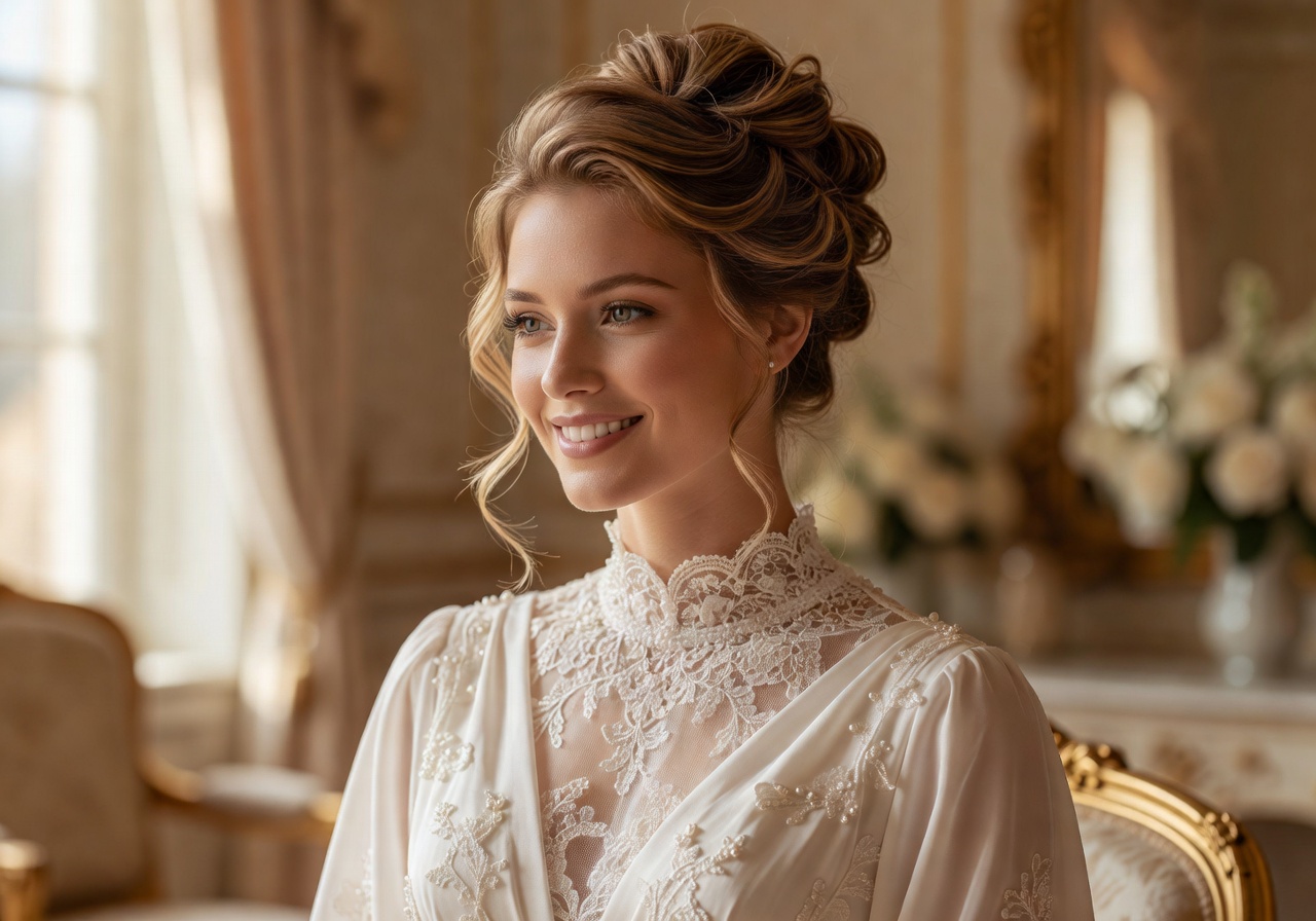 Portrait of satisfied bride Charlotte M. with elegant hairstyle