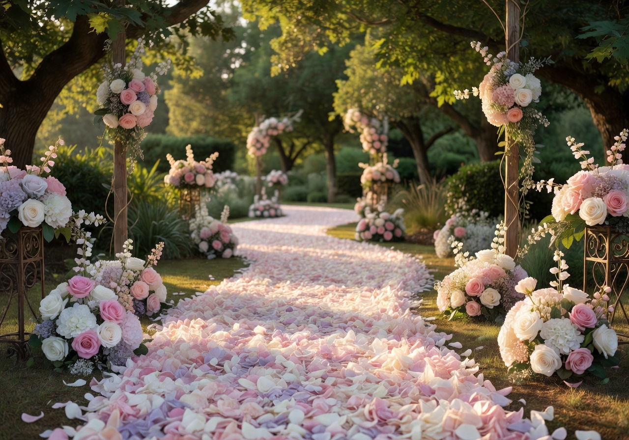 Romantic outdoor wedding aisle decorated with artificial flower petals and arrangements
