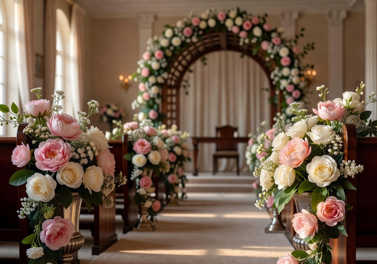 Romantic wedding ceremony decorated with premium artificial flower arrangements