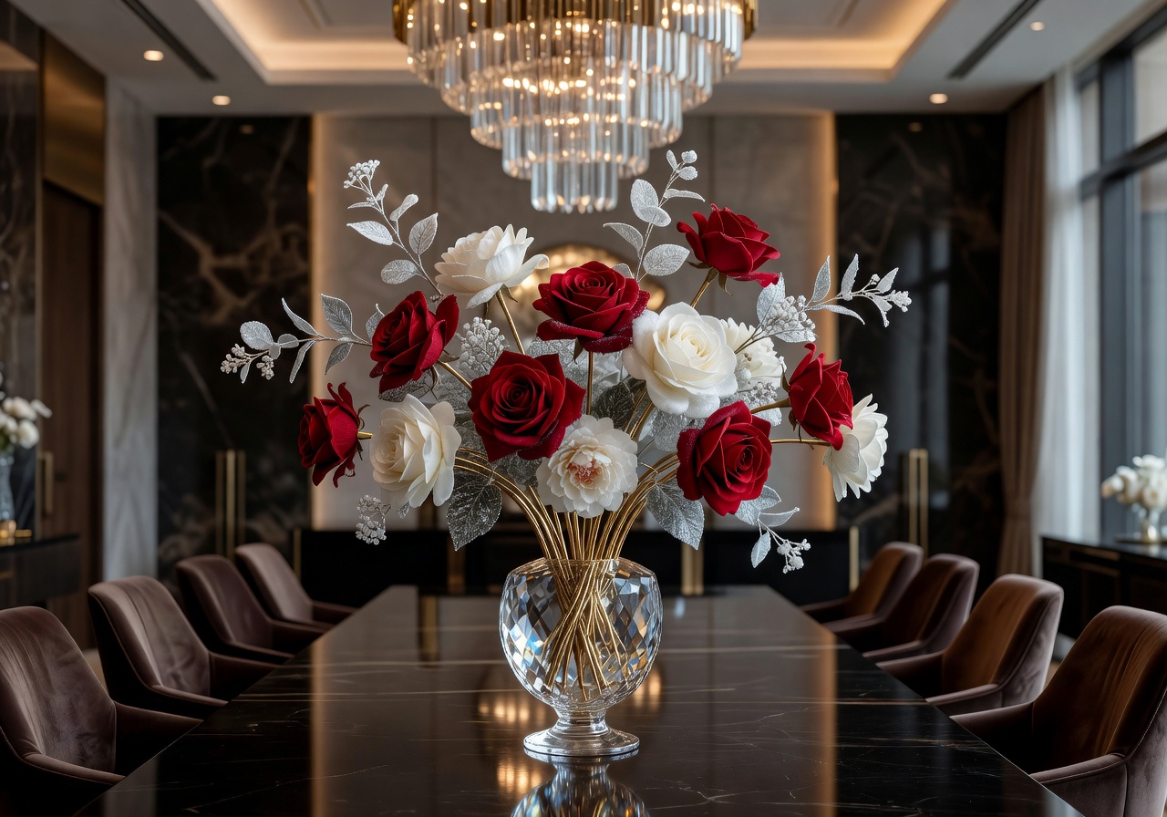 Sophisticated artificial flower centerpiece in luxury dining setting for Instagram gallery