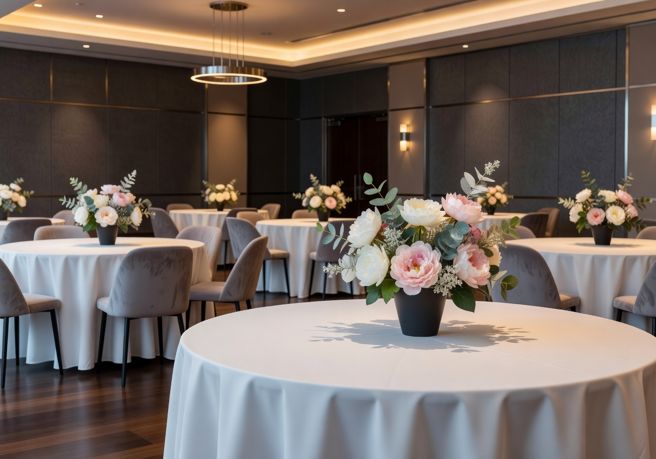 Sophisticated corporate event venue with refined artificial floral table arrangements and modern styling