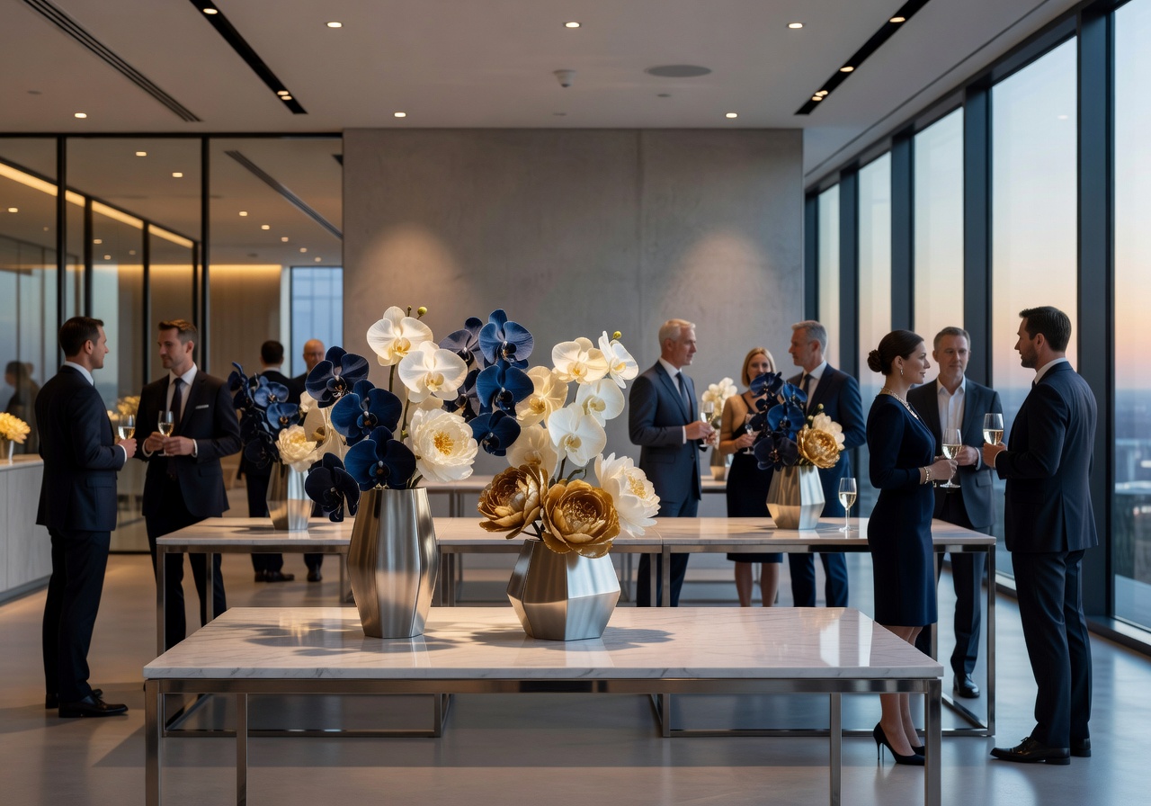 Sophisticated corporate event with refined artificial floral arrangements and modern decor