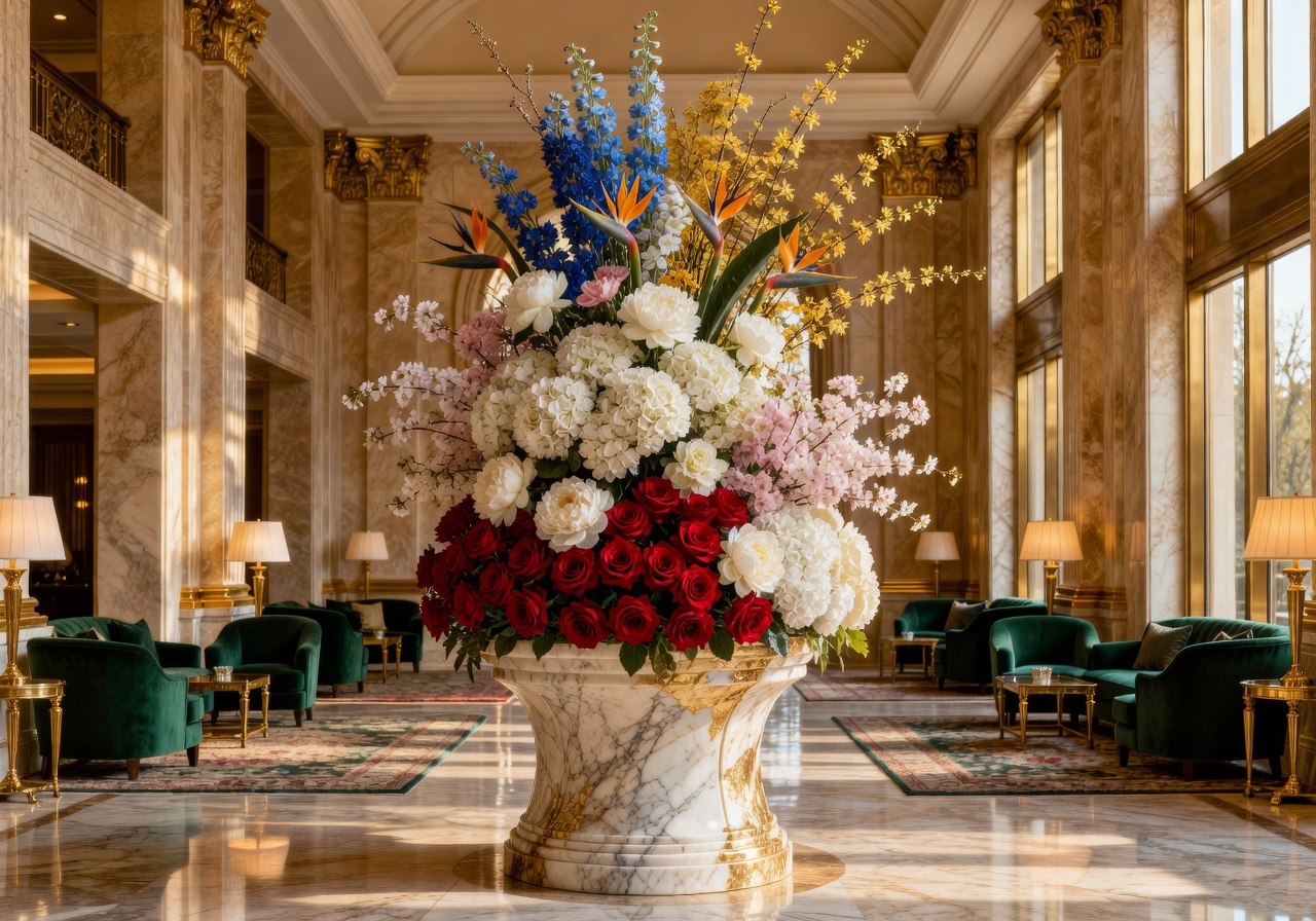 Same elegant event venue after luxury floral decoration with cascading flowers and ambient lighting