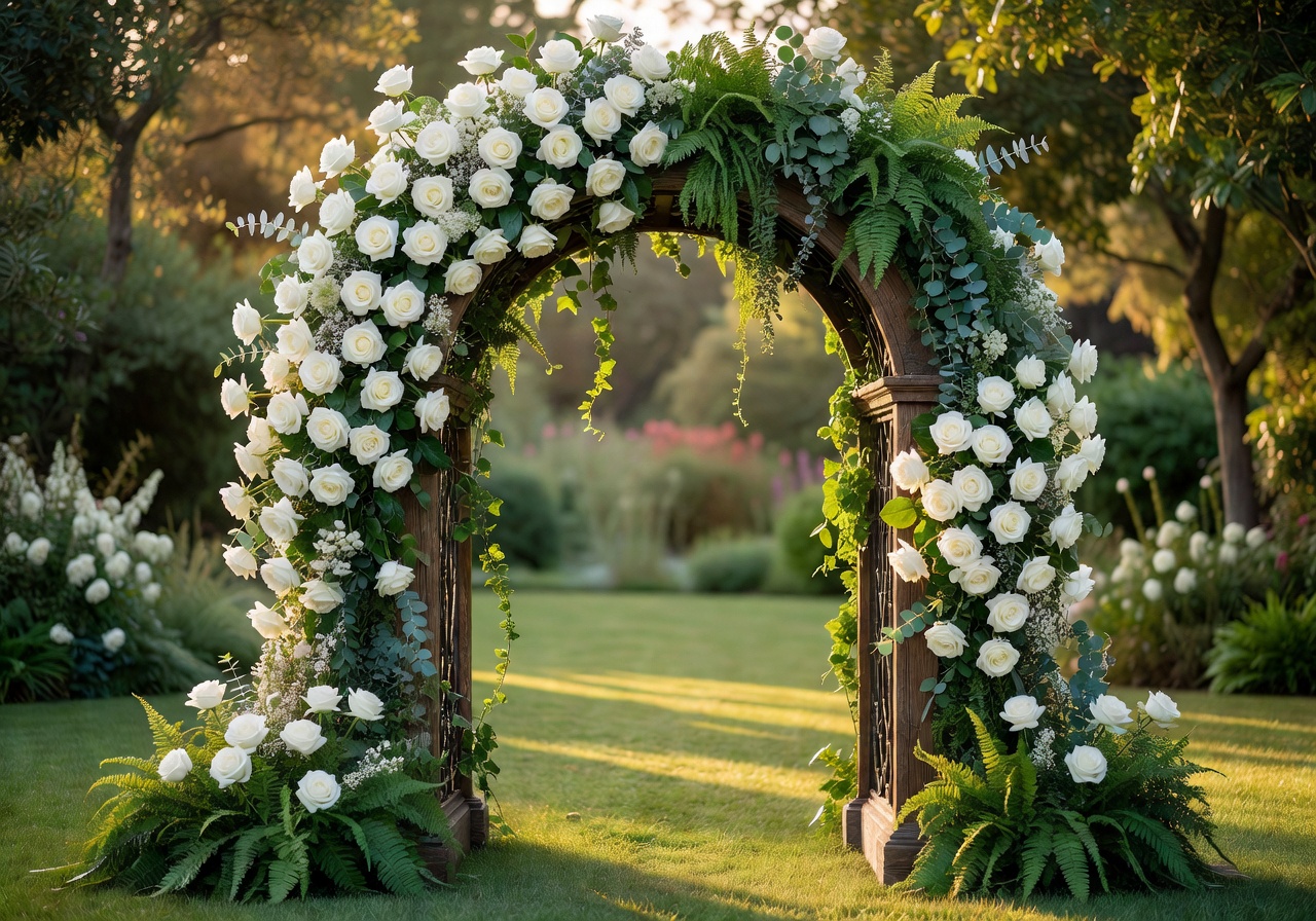 Stunning wedding ceremony arch decorated with cascading white roses and lush greenery