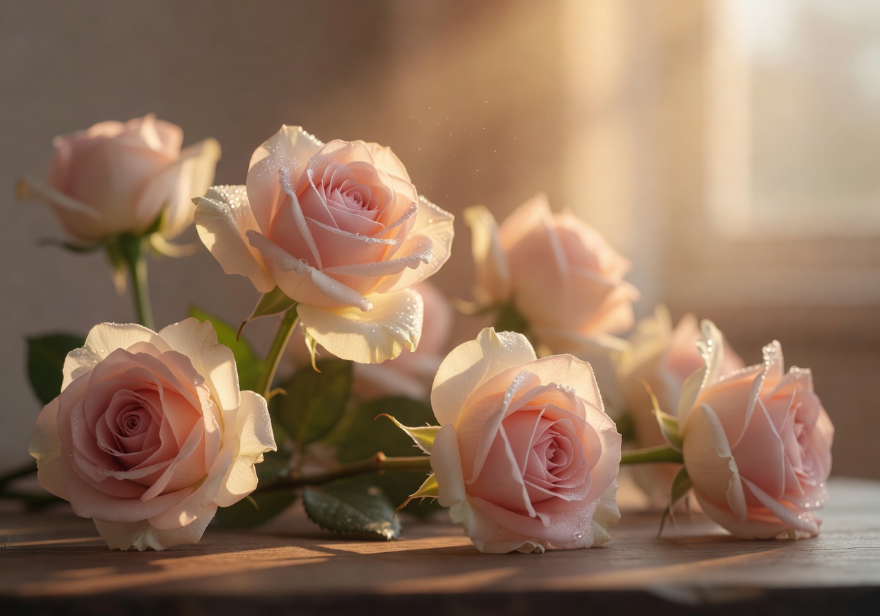 Dreamy soft-focus floral background with warm golden light and blush roses