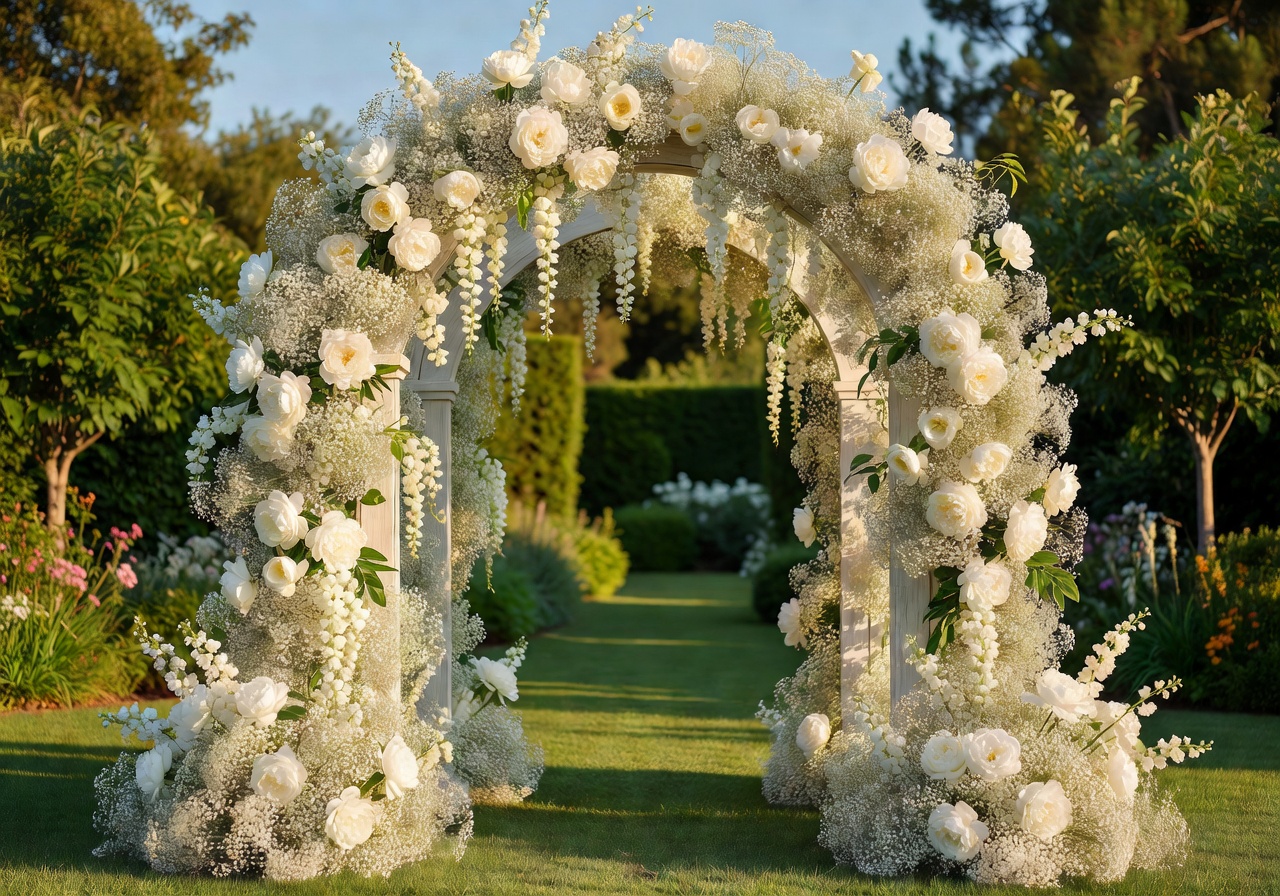 Wedding arch decorated with cascading white flowers for Instagram gallery