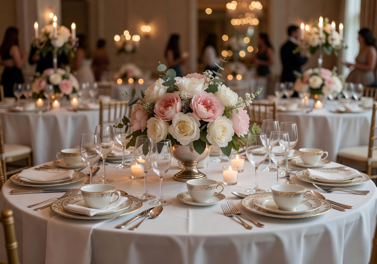 Wedding reception table decorated with elegant artificial flower centerpiece and fine china